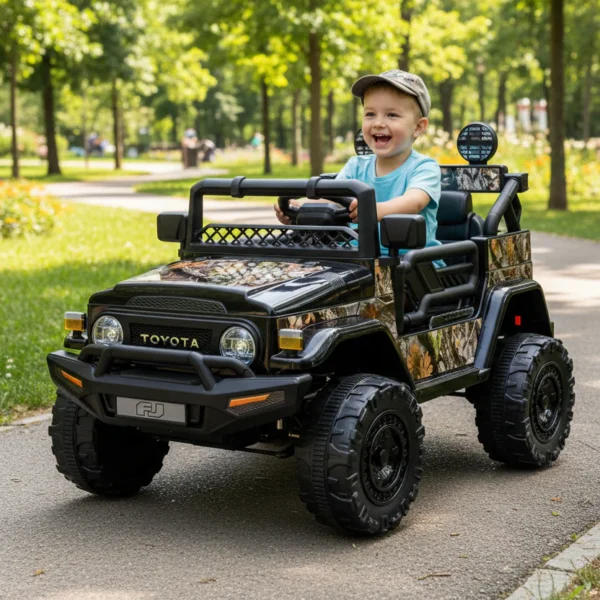 Auto Elettrica Bambini Toyota Cruiser 12V Nera Mimetica – Ruote Grandi & USB